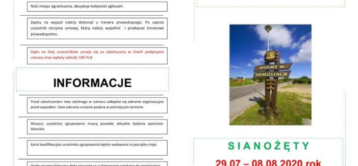 Informator wakacyjny SIANOŻĘTY 2020