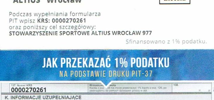 Przekaż 1% podatku na Stowarzyszenie Sportowe „Altius” we Wrocławiu.